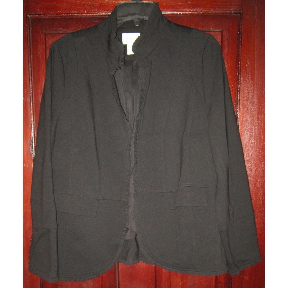 Chico's 1 M S Open Blazer Jacket Stretch Jersey Knit Ruffle Black Goth Steampunk